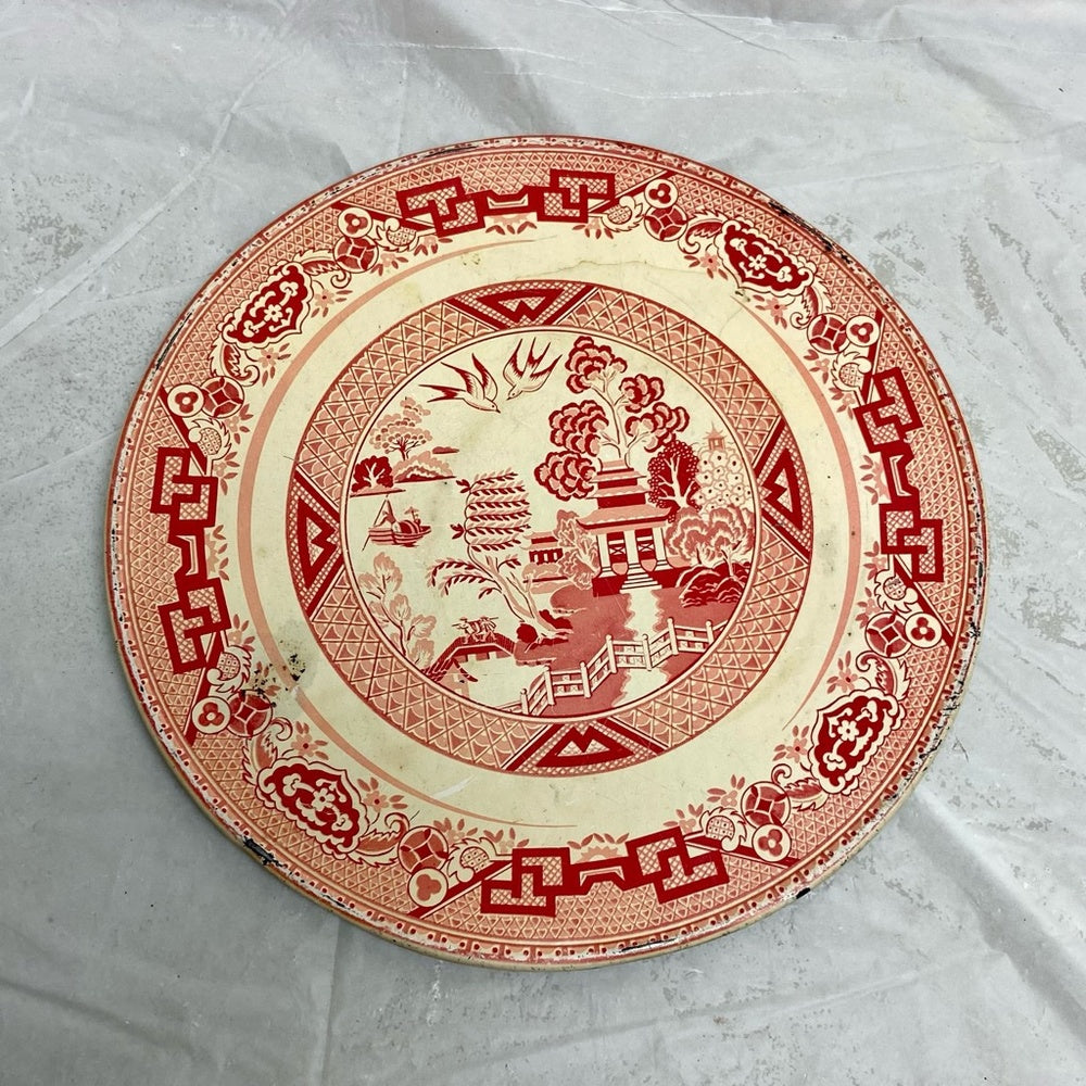 Vintage, Rare, Red- Blue Willow, 7inD Tin Round Hot Pad-Tea Tile
