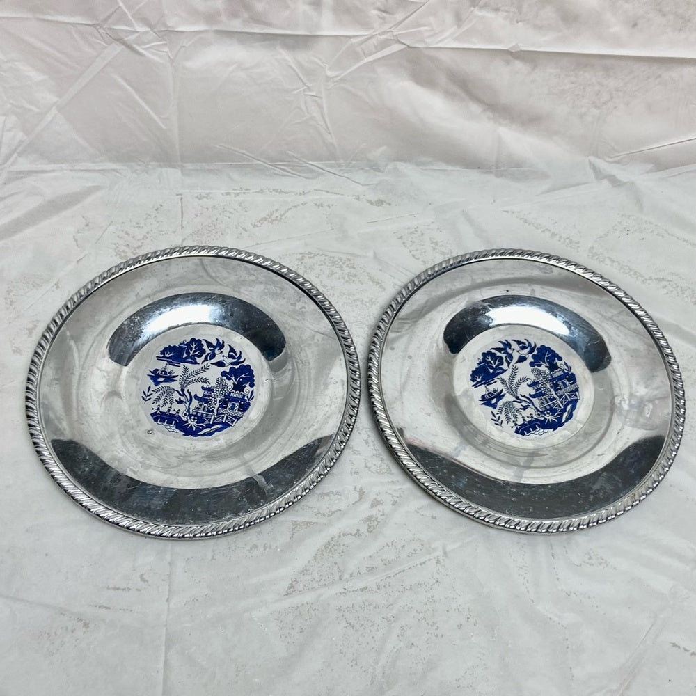Vintage, 2pc Blue Willow Chrome Bread Plate