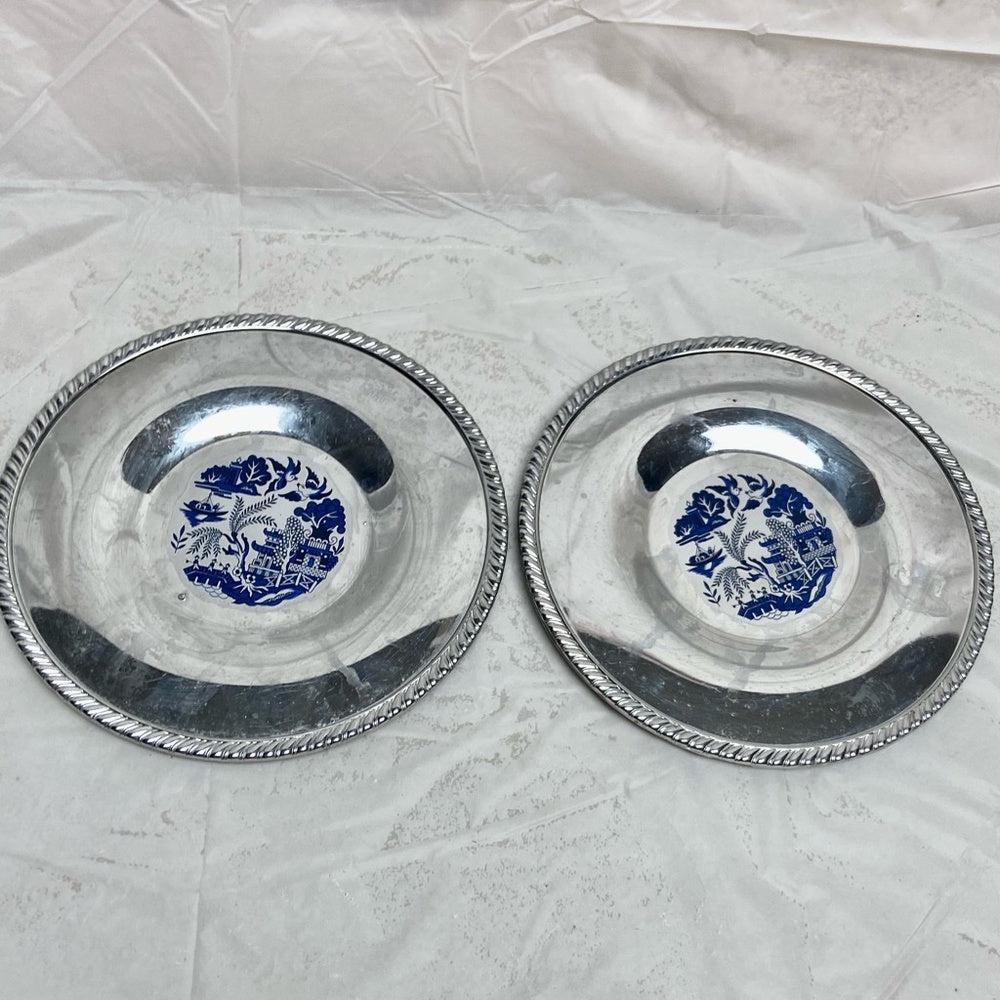 Vintage, 2pc Blue Willow Chrome Bread Plate