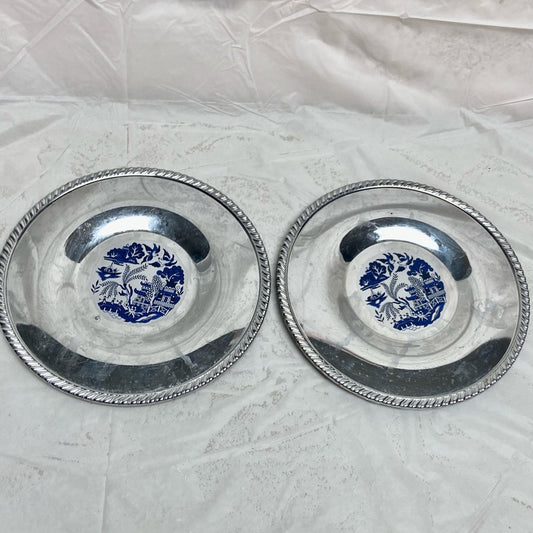 Vintage, 2pc Blue Willow Chrome Bread Plate