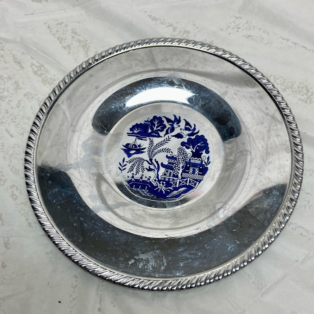 Vintage, 2pc Blue Willow Chrome Bread Plate