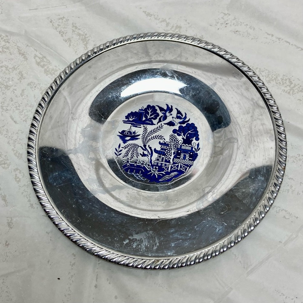 Vintage, 2pc Blue Willow Chrome Bread Plate