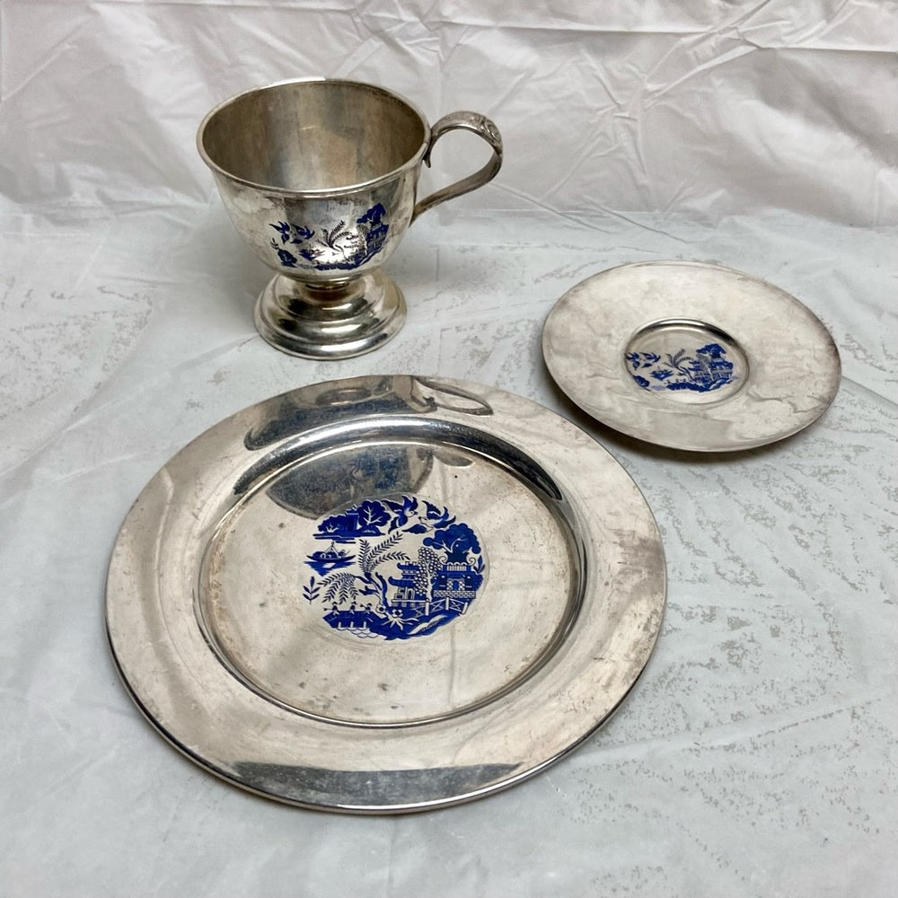 Vintage, 3pc Blue Willow Silver Plated Trio Set