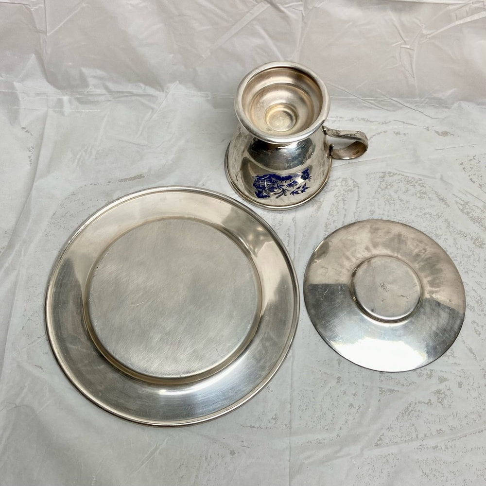 Vintage, 3pc Blue Willow Silver Plated Trio Set