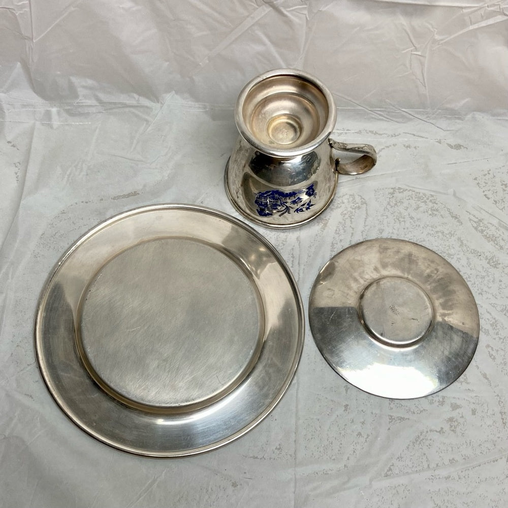 Vintage, 3pc Blue Willow Silver Plated Trio Set