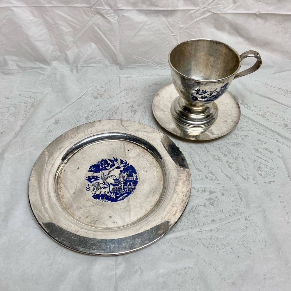 Vintage, 3pc Blue Willow Silver Plated Trio Set