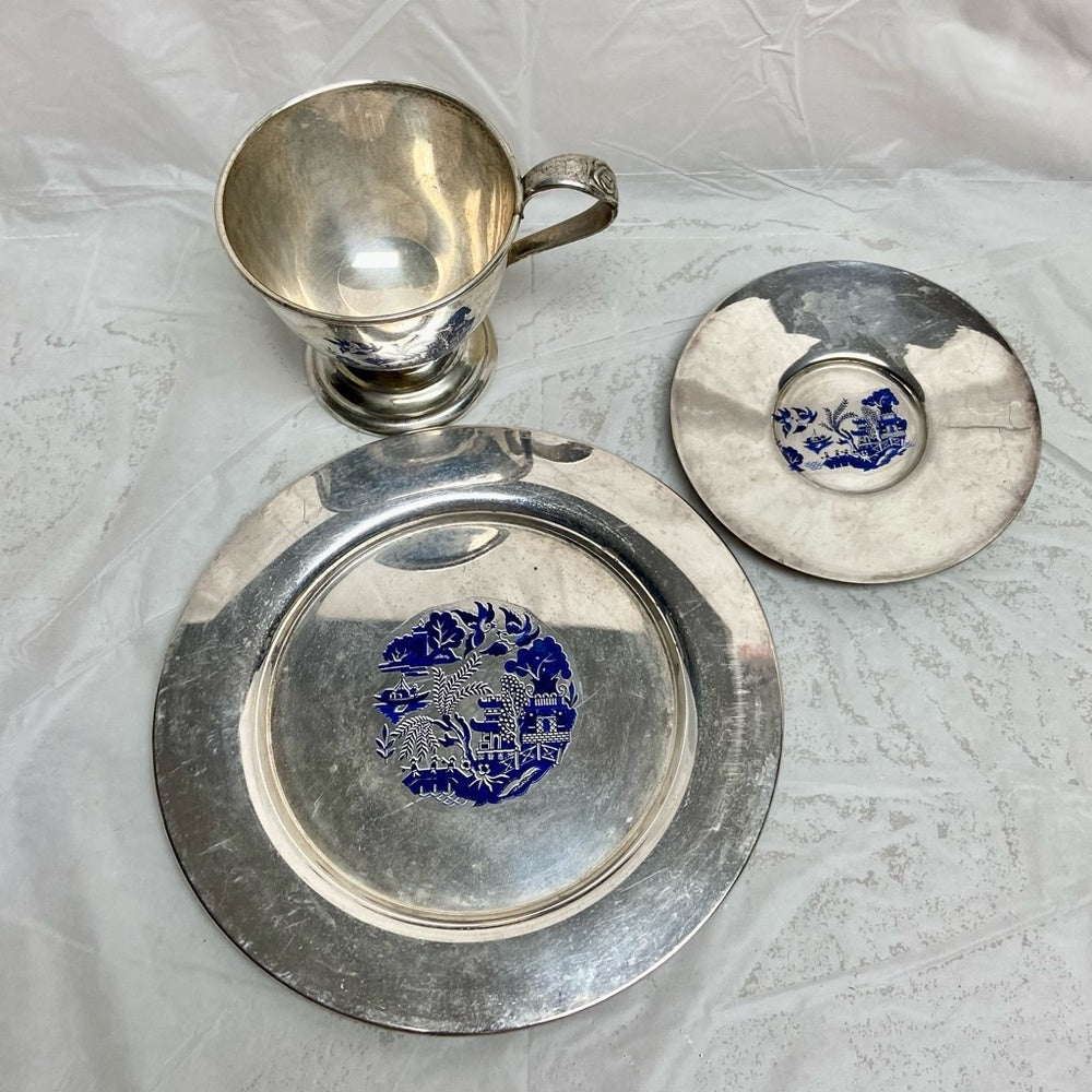 Vintage, 3pc Blue Willow Silver Plated Trio Set