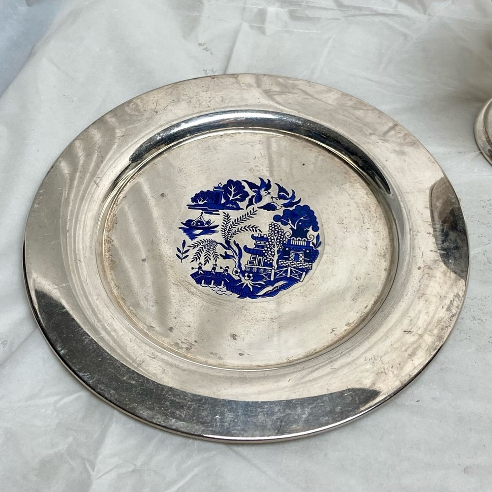 Vintage, 3pc Blue Willow Silver Plated Trio Set
