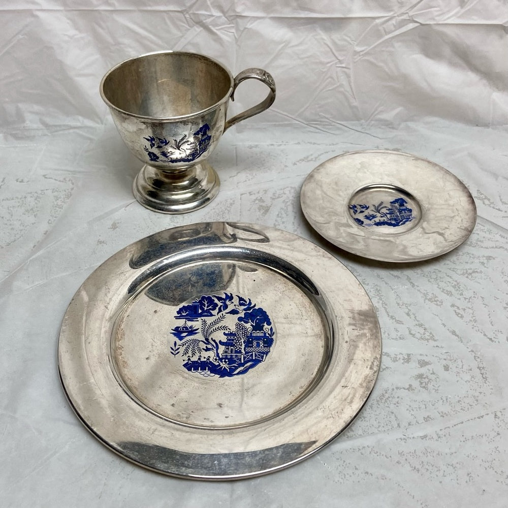 Vintage, 3pc Blue Willow Silver Plated Trio Set