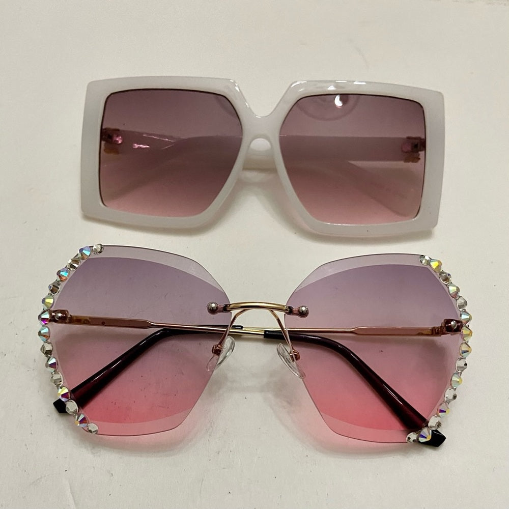 Lot of 2 Vintage Sunglasses- Squarish White and Pinkish with Rhinestones