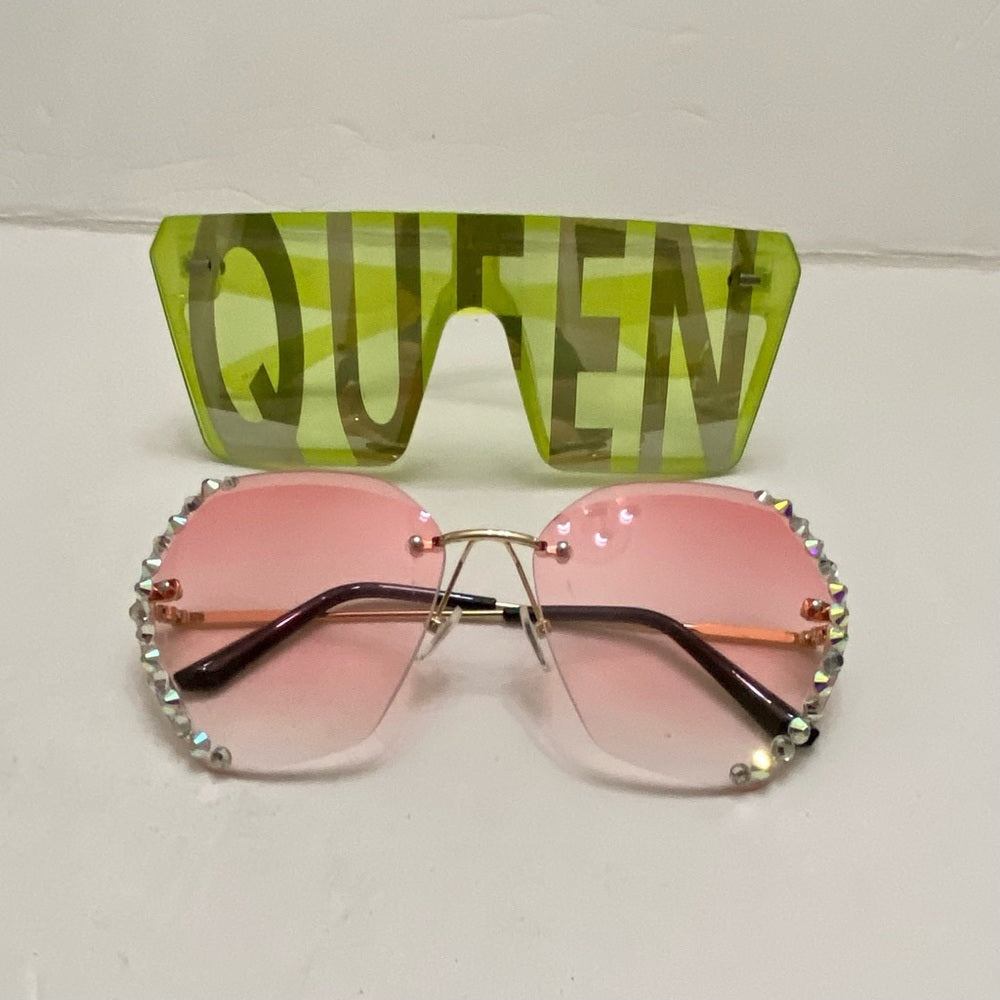 Lot of 2 Vintage Sunglasses- Queen Green Squarish and Pinkish with Rhinestones