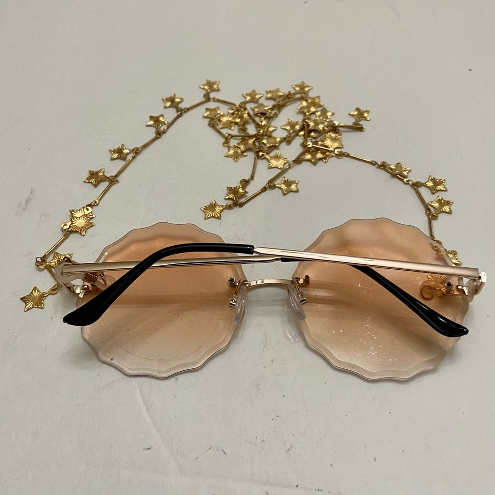 Amber Gold Round Sunglasses with Lanyard