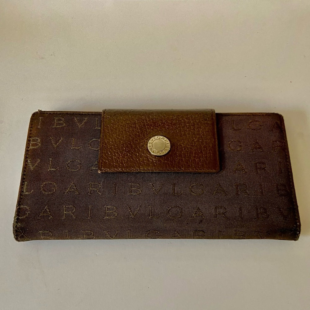 Bulgari Dark Brown Mono Canvas Trifold Long Wallet