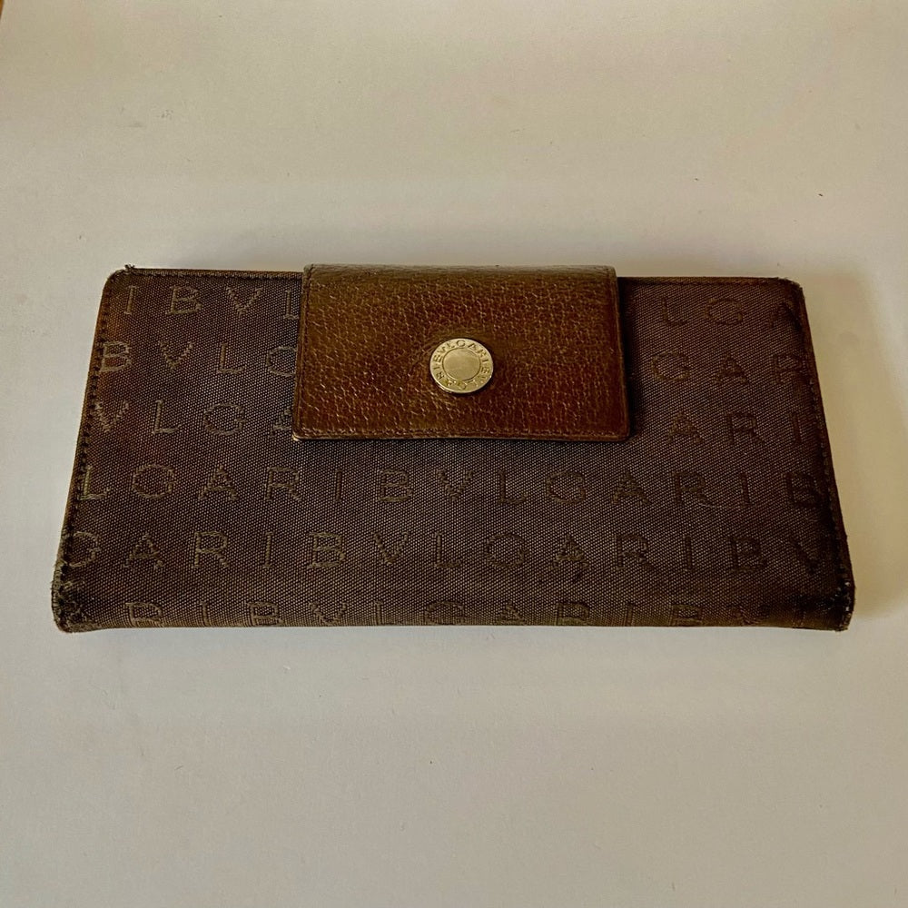 Bulgari Dark Brown Mono Canvas Trifold Long Wallet