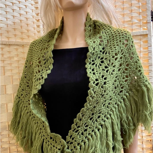Stunning, Apple Green Crocheted Shawl With Fringes