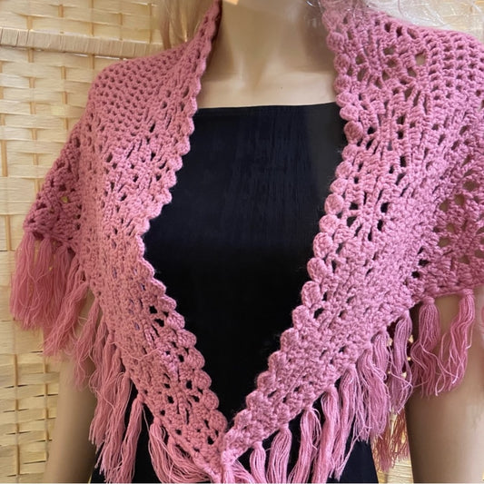 Elegant Pink Hand Crocheted Shawl With Fringes