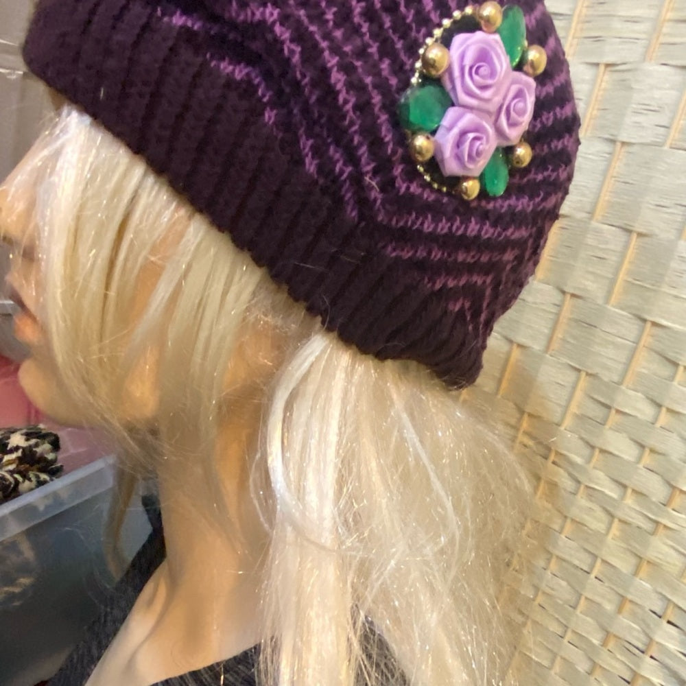 Beautiful, Purple-Black Knitted Beanie Hat with Floral Accent