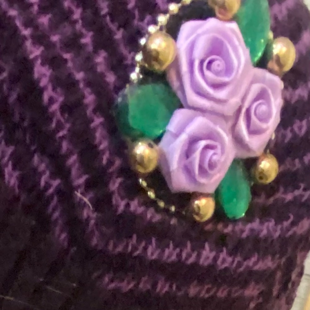 Beautiful, Purple-Black Knitted Beanie Hat with Floral Accent