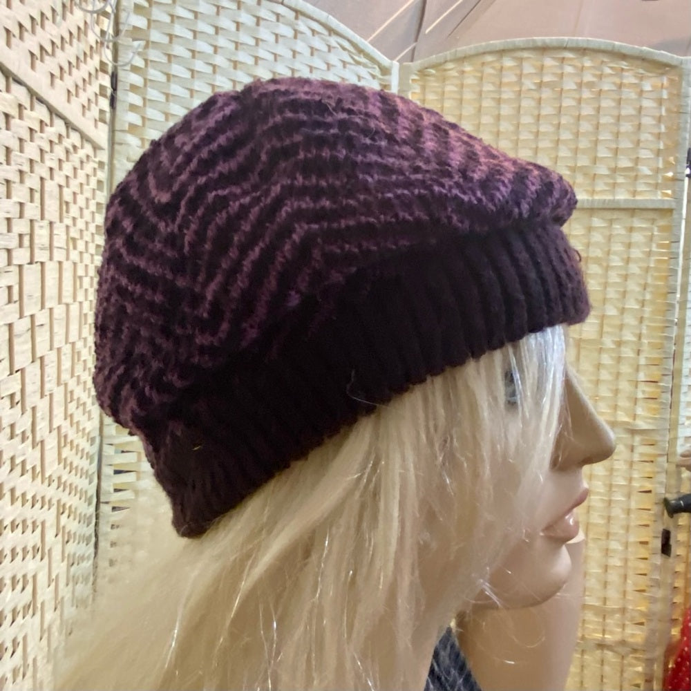 Beautiful, Purple-Black Knitted Beanie Hat with Floral Accent