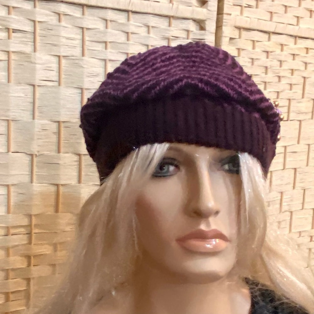 Beautiful, Purple-Black Knitted Beanie Hat with Floral Accent
