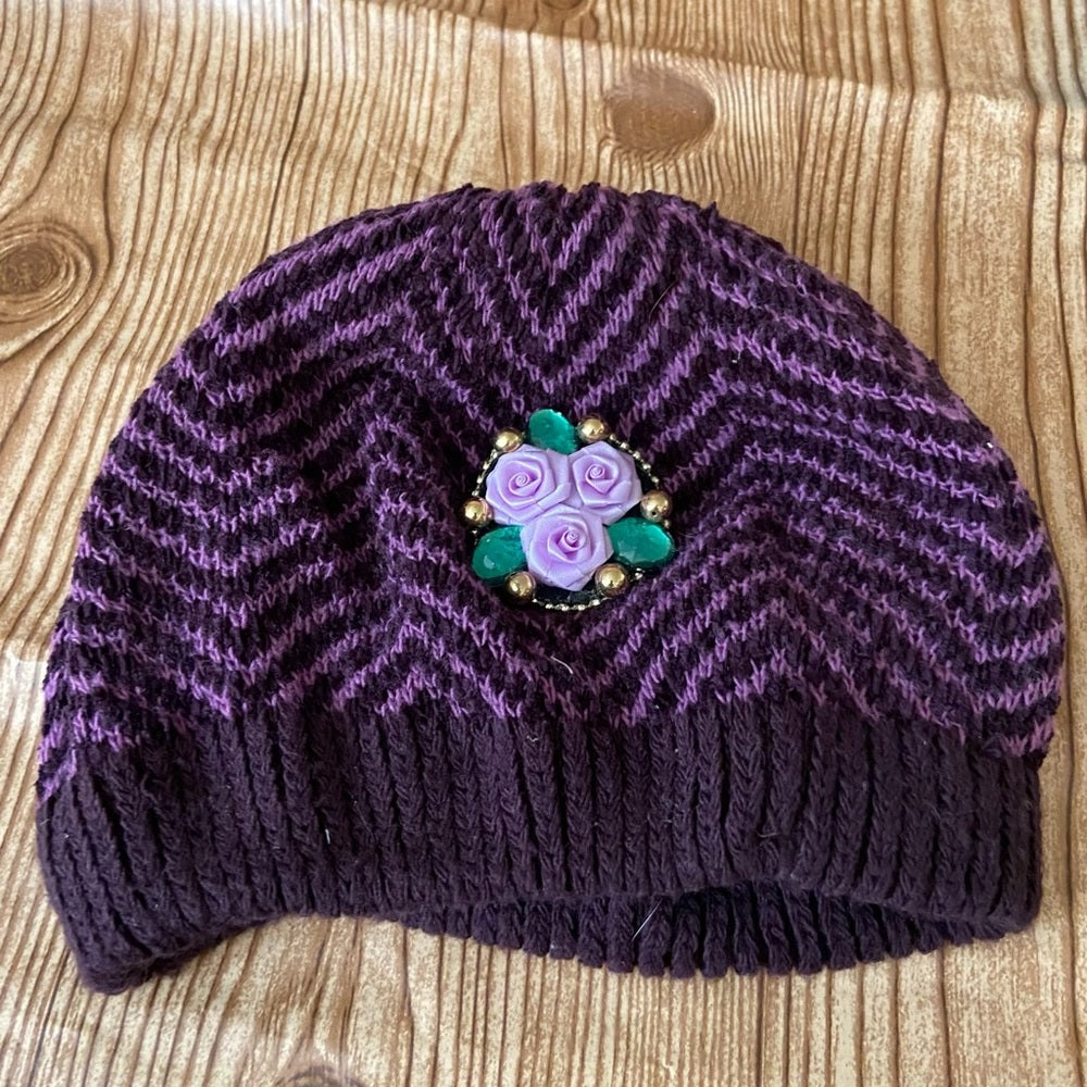 Beautiful, Purple-Black Knitted Beanie Hat with Floral Accent