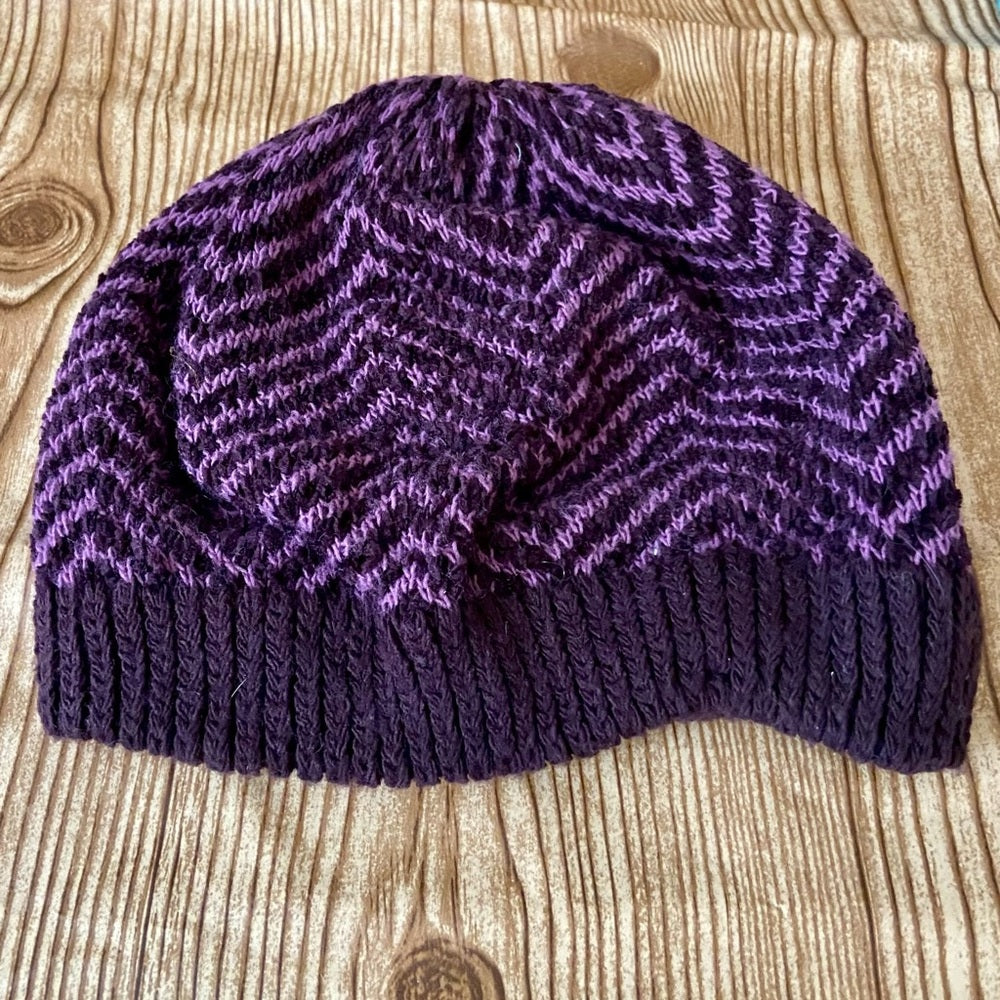 Beautiful, Purple-Black Knitted Beanie Hat with Floral Accent