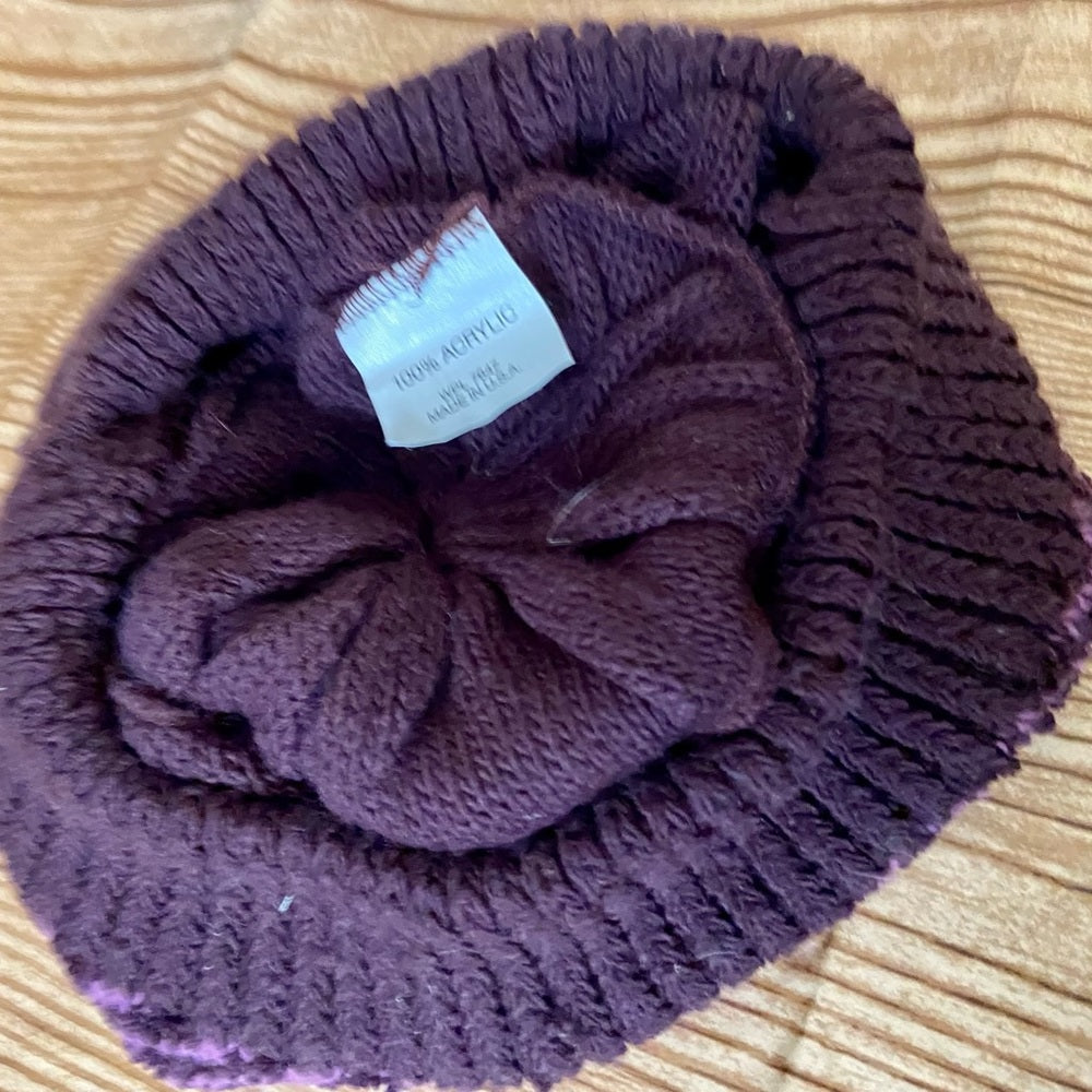 Beautiful, Purple-Black Knitted Beanie Hat with Floral Accent