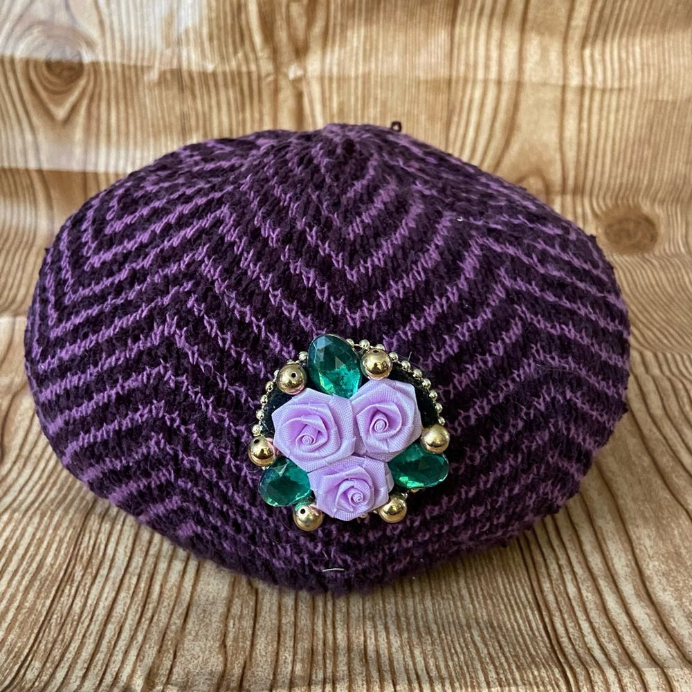 Beautiful, Purple-Black Knitted Beanie Hat with Floral Accent