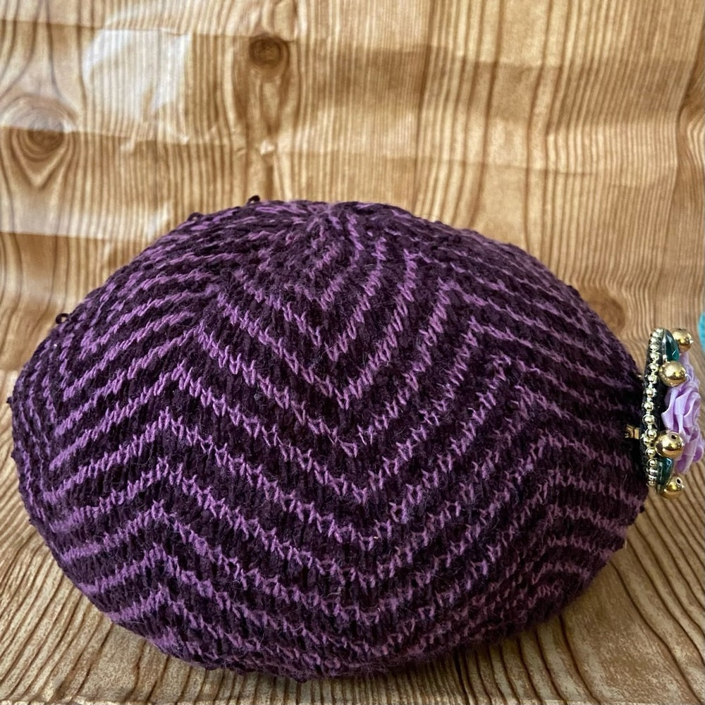 Beautiful, Purple-Black Knitted Beanie Hat with Floral Accent