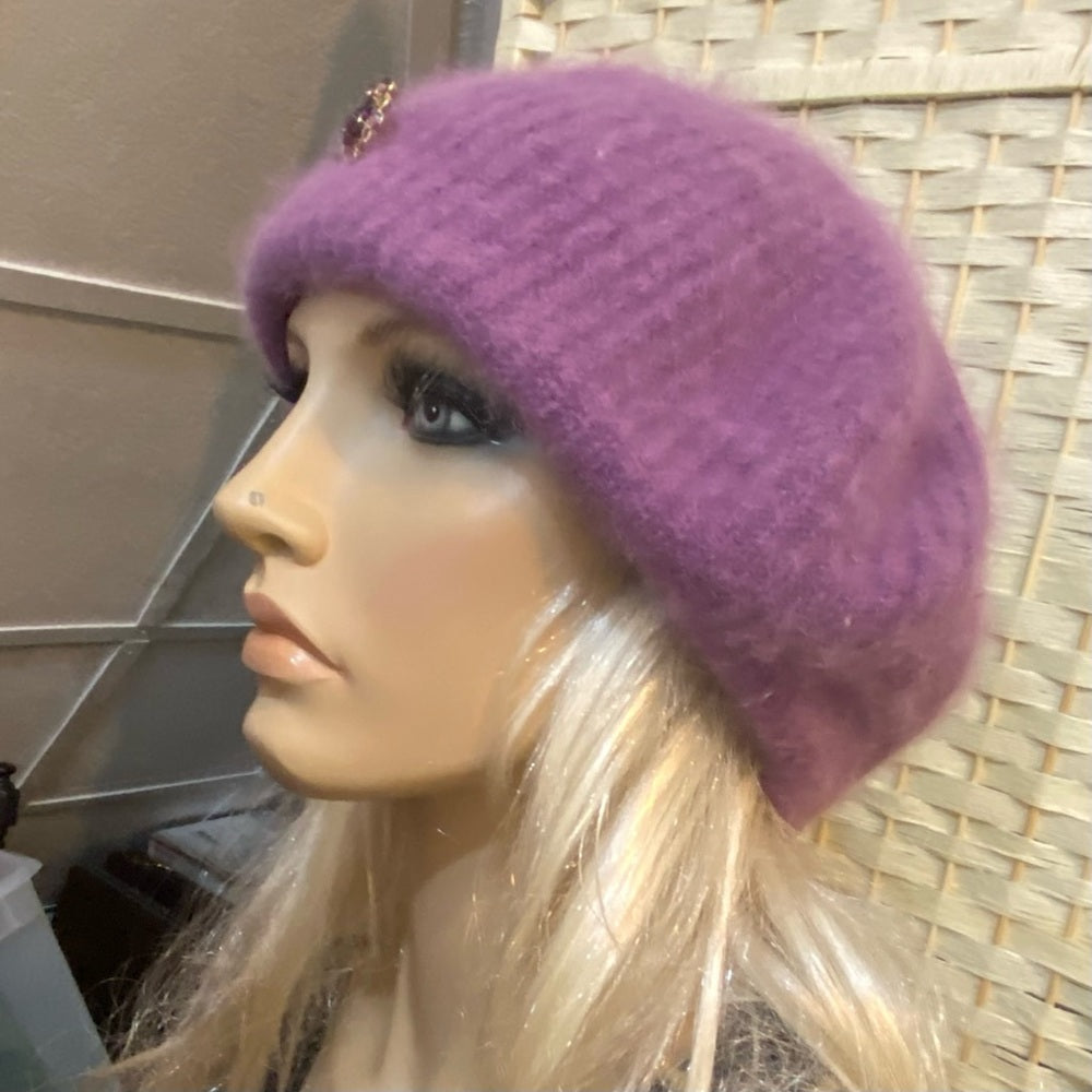 Beautiful, Purple-Black Knitted Beanie Hat with Floral Accent