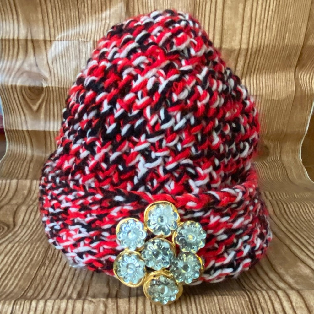 Stunning, Red, Black and White Knitted Cotton Cloche Beanie Hat w/ Floral Brooch