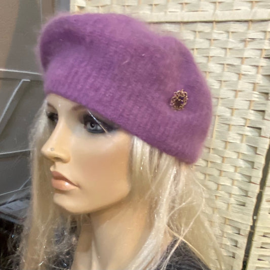Elegant.  Aris -USA , Purple Angora Cloche Beanie Hat with Rhinestones