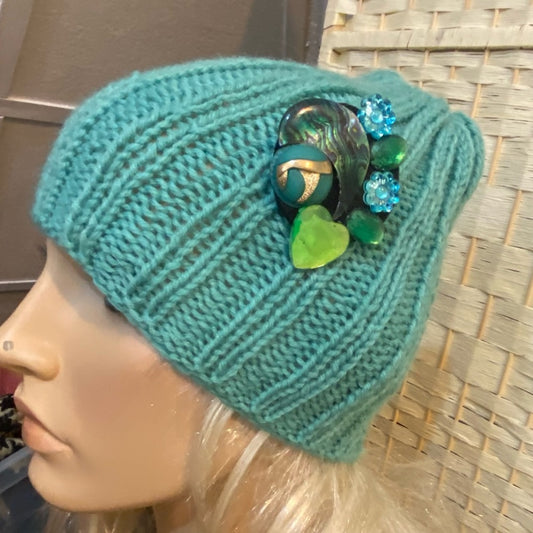 Beautiful, Aquamarine Hand Knitted Beanie Hat w/ Hand Crafted Accent