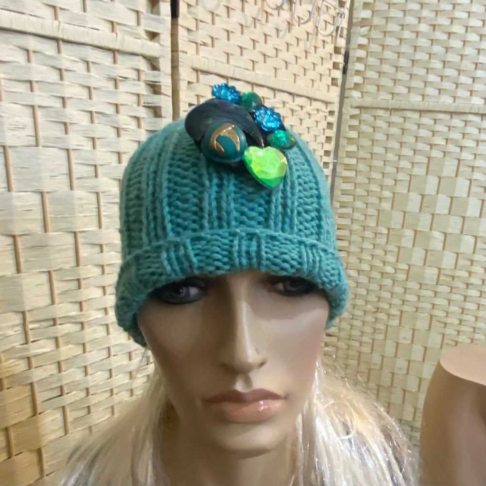 Beautiful, Aquamarine Hand Knitted Beanie Hat w/ Hand Crafted Accent