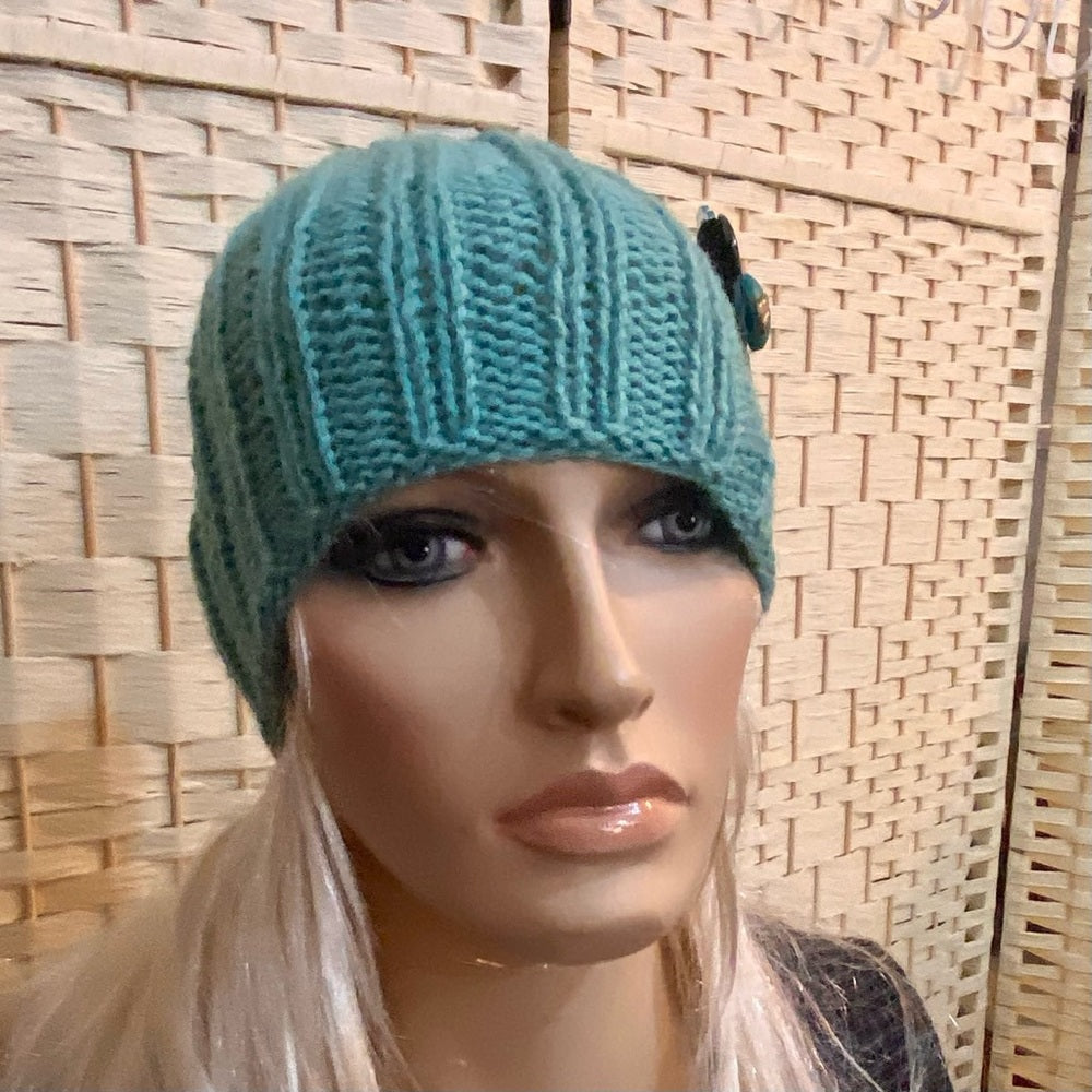 Beautiful, Aquamarine Hand Knitted Beanie Hat w/ Hand Crafted Accent