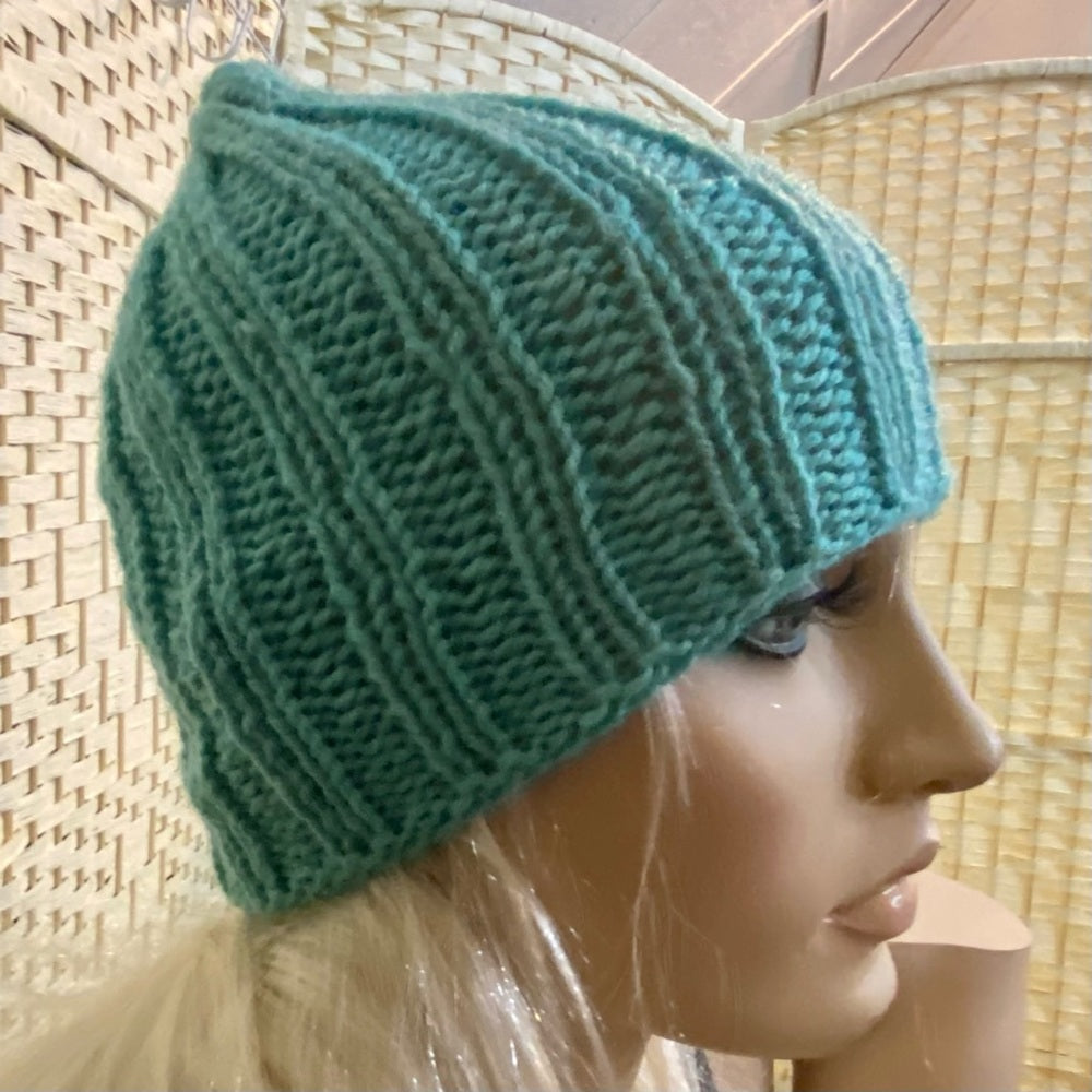 Beautiful, Aquamarine Hand Knitted Beanie Hat w/ Hand Crafted Accent