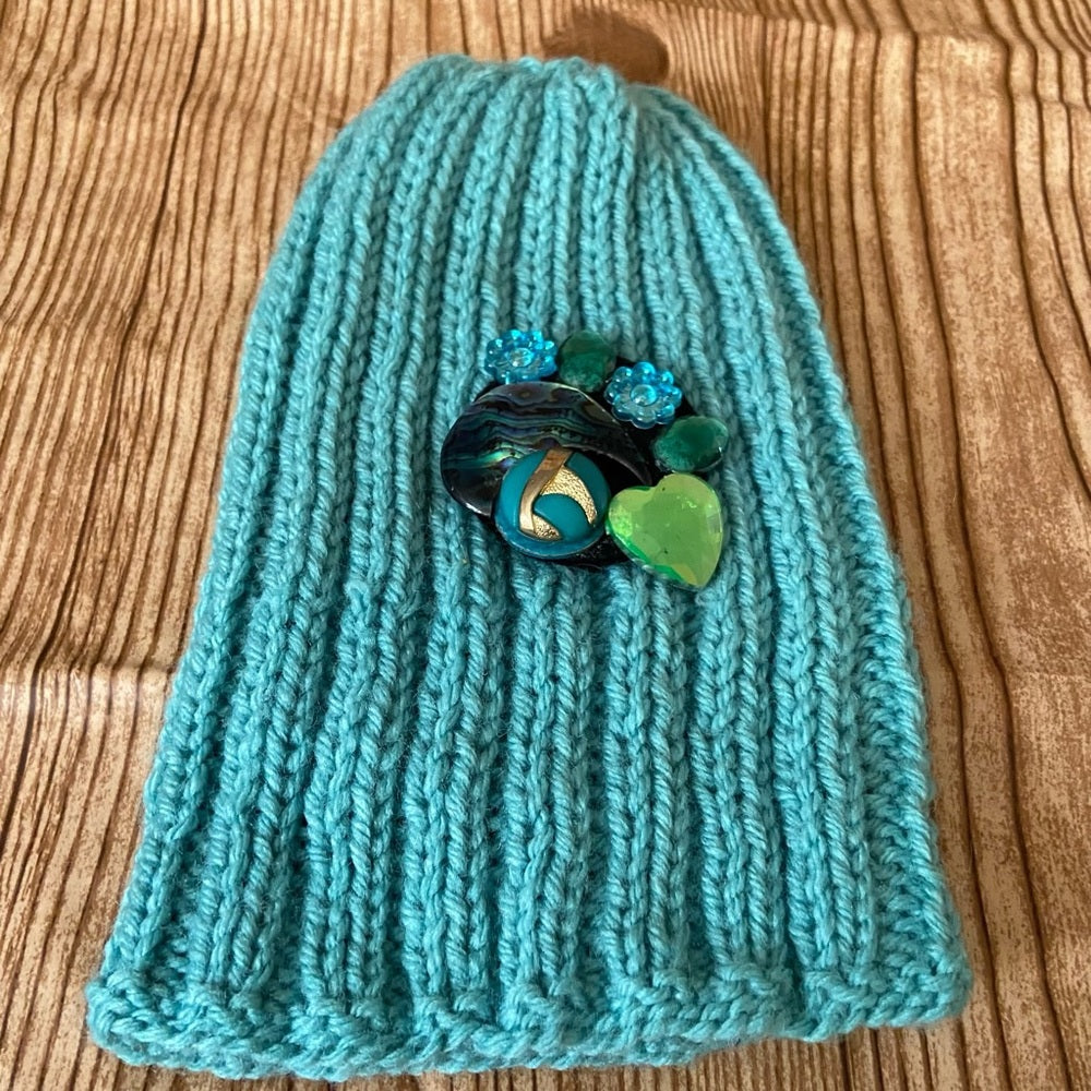Beautiful, Aquamarine Hand Knitted Beanie Hat w/ Hand Crafted Accent