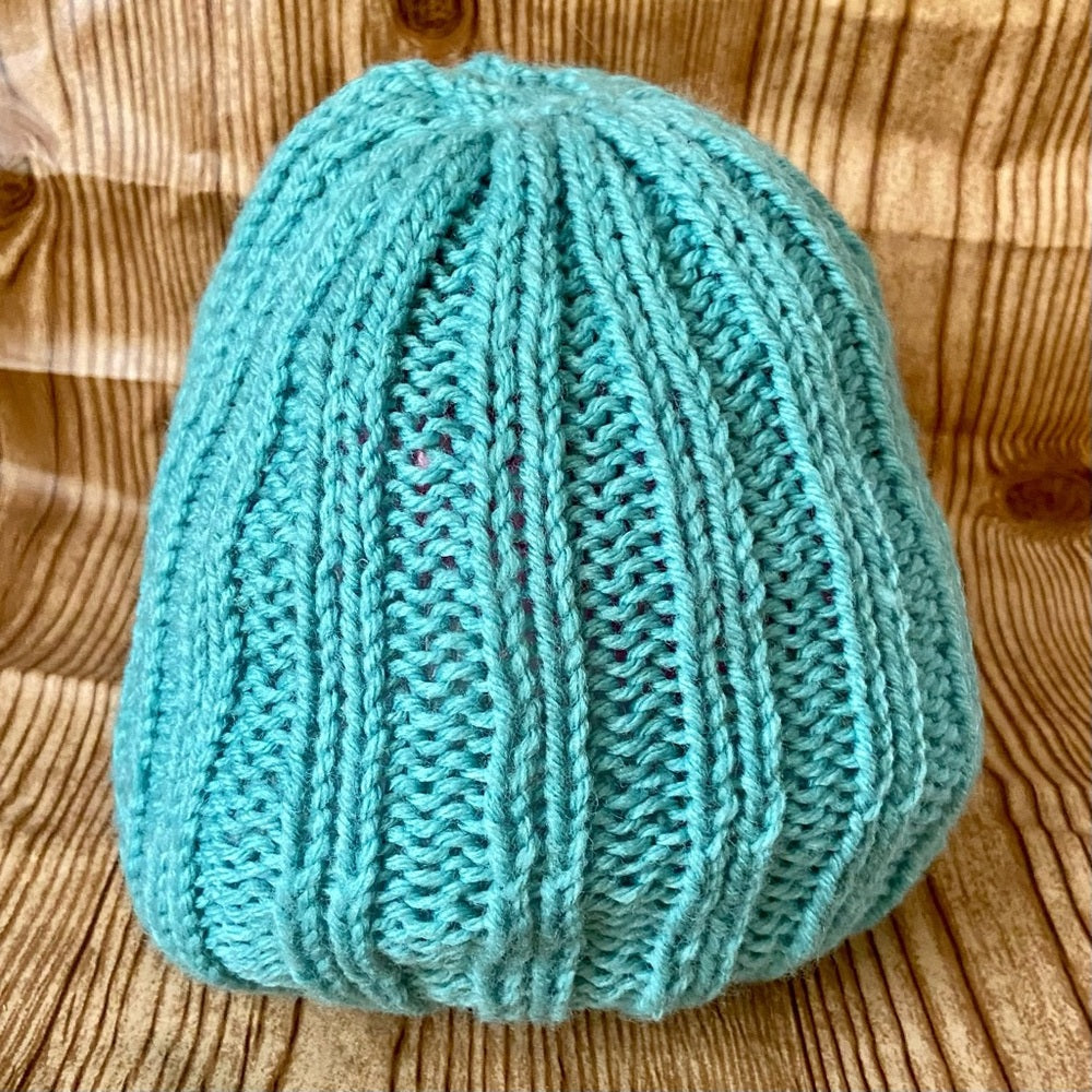 Beautiful, Aquamarine Hand Knitted Beanie Hat w/ Hand Crafted Accent