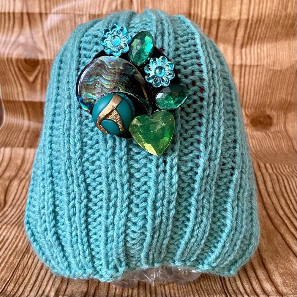 Beautiful, Aquamarine Hand Knitted Beanie Hat w/ Hand Crafted Accent