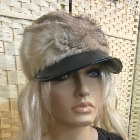 Beautiful, Rabbit Hair -Black Leather Hat- Cap