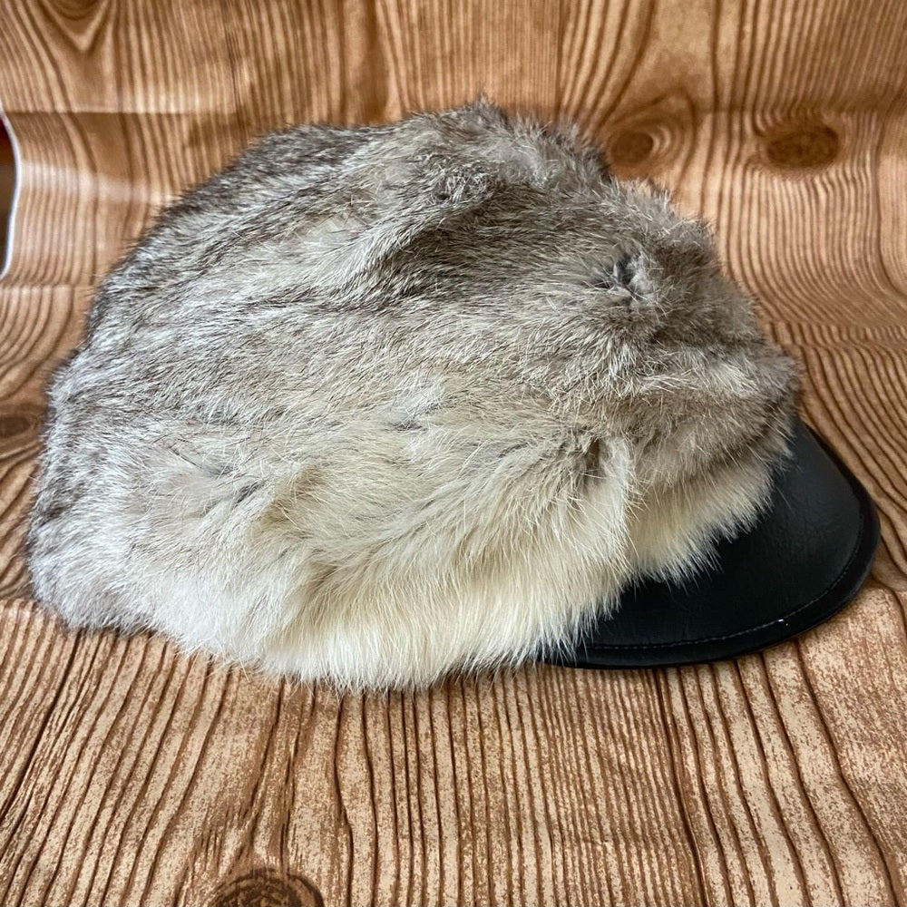 Beautiful, Rabbit Hair -Black Leather Hat- Cap