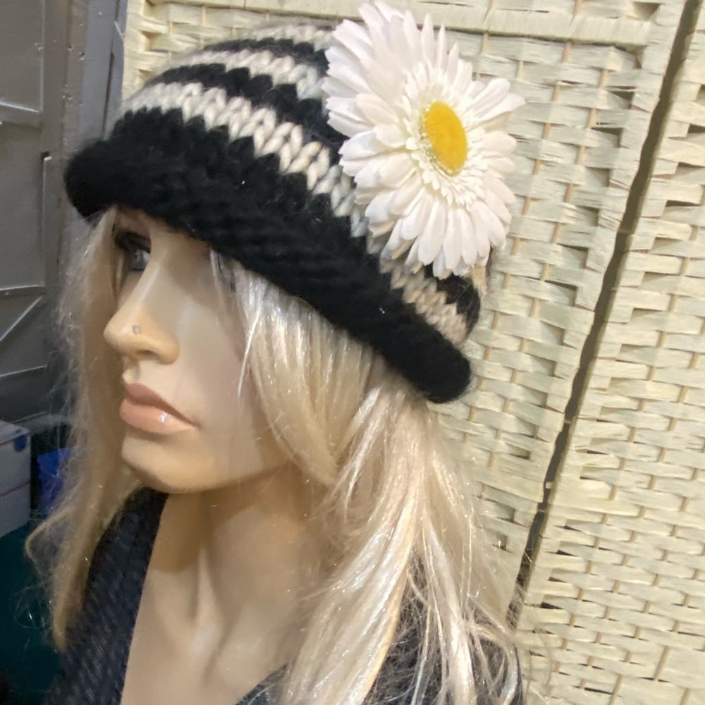 Beautiful, Fair Weather, Burgundy Angora Knitted Beanie Hat with Floral Accent
