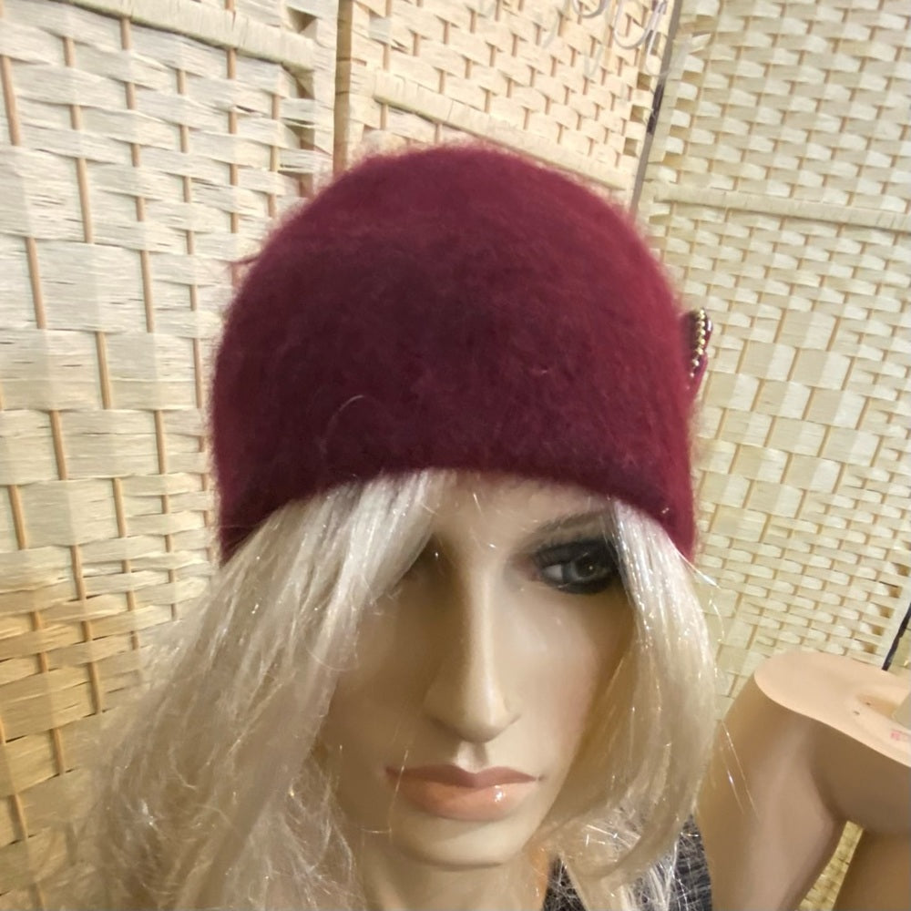 Beautiful, Fair Weather, Burgundy Angora Knitted Beanie Hat with Floral Accent
