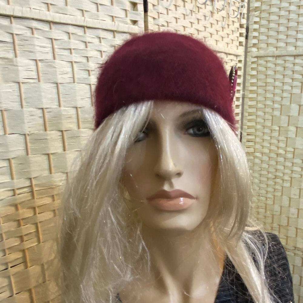 Beautiful, Fair Weather, Burgundy Angora Knitted Beanie Hat with Floral Accent