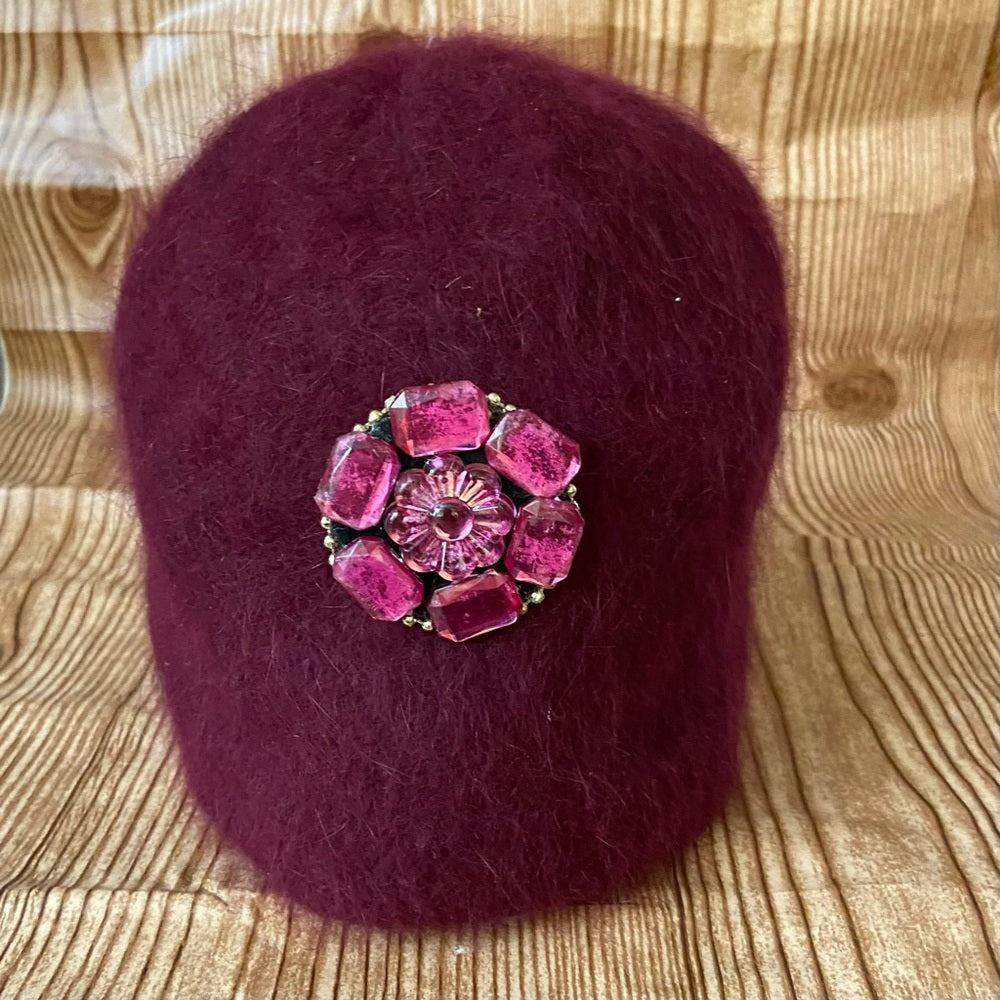 Beautiful, Fair Weather, Burgundy Angora Knitted Beanie Hat with Floral Accent