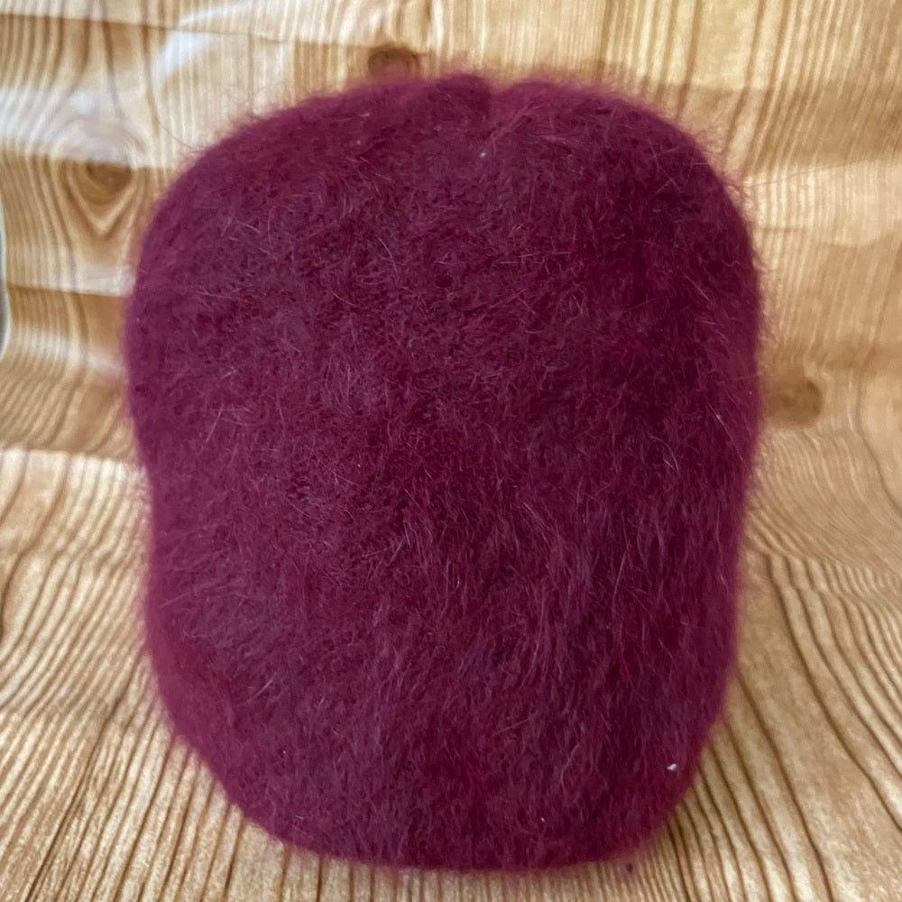 Beautiful, Fair Weather, Burgundy Angora Knitted Beanie Hat with Floral Accent
