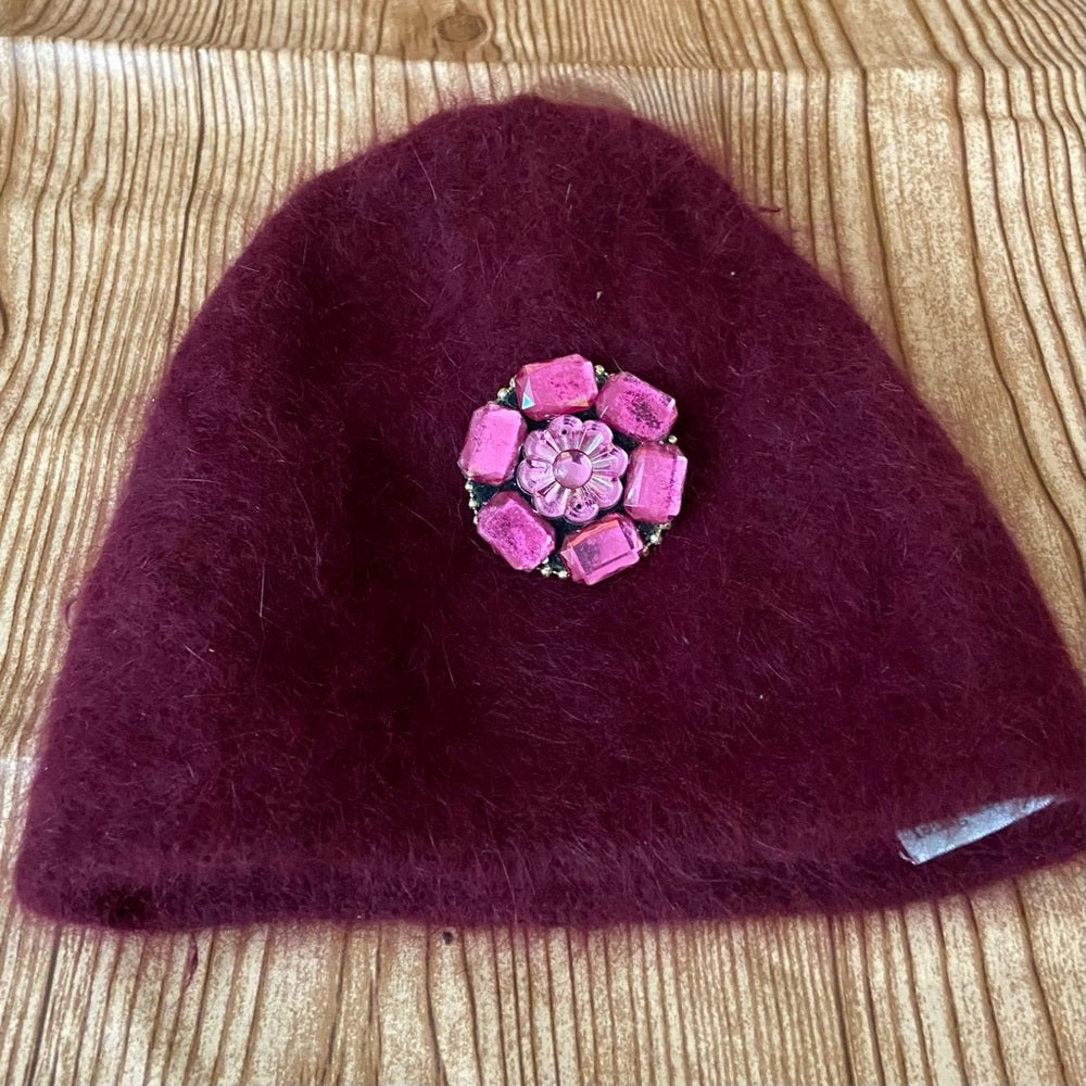 Beautiful, Fair Weather, Burgundy Angora Knitted Beanie Hat with Floral Accent